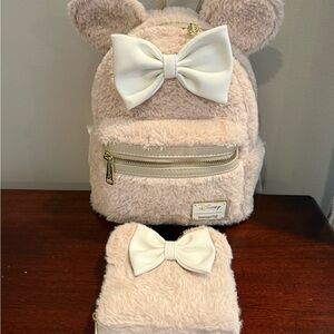 Disney Loungefly Faux Fur Cream Backpack and Wallet Set